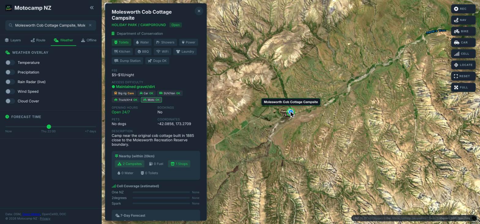 The info panel for Molesworth Cob Cottage Campsite, showing access difficulty of maintained gravel/dirt, per-vehicle suitability, fee, and estimated cell coverage of none on all three carriers.