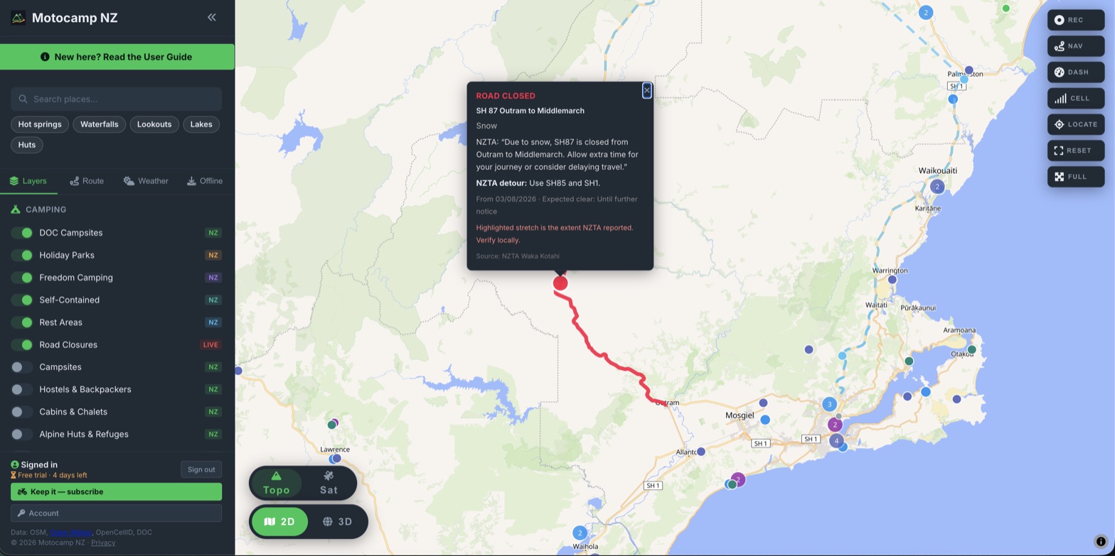 State Highway 87 closed for snow between Outram and Middlemarch in Otago, the shut stretch drawn in red across the map, with NZTA's own wording, its suggested detour via SH85 and SH1, and the date it closed.