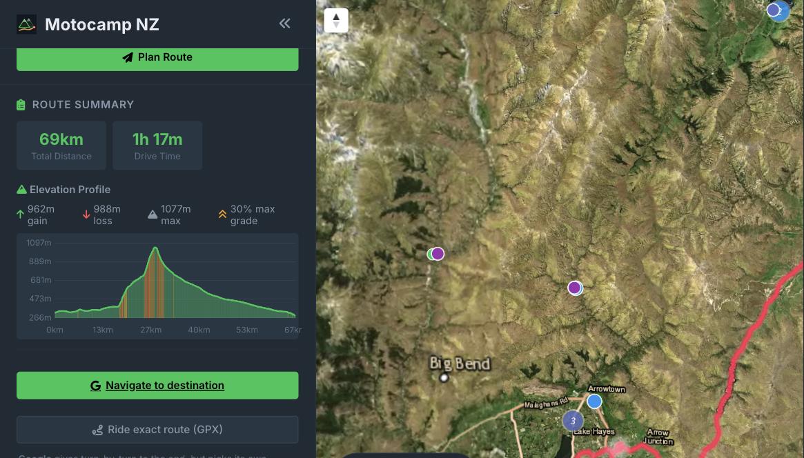 Route summary for Queenstown to Wanaka over the Crown Range: 69km, 1 hour 17 minutes, 962m of climbing, 1077m high point, 30% maximum grade, with the elevation profile charted along the route and the steepest sections marked.