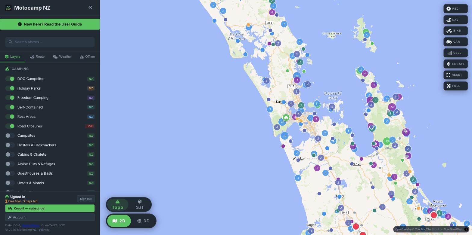 Motocamp NZ showing campsites, huts and holiday parks clustered across the upper North Island, with the layer panel open.