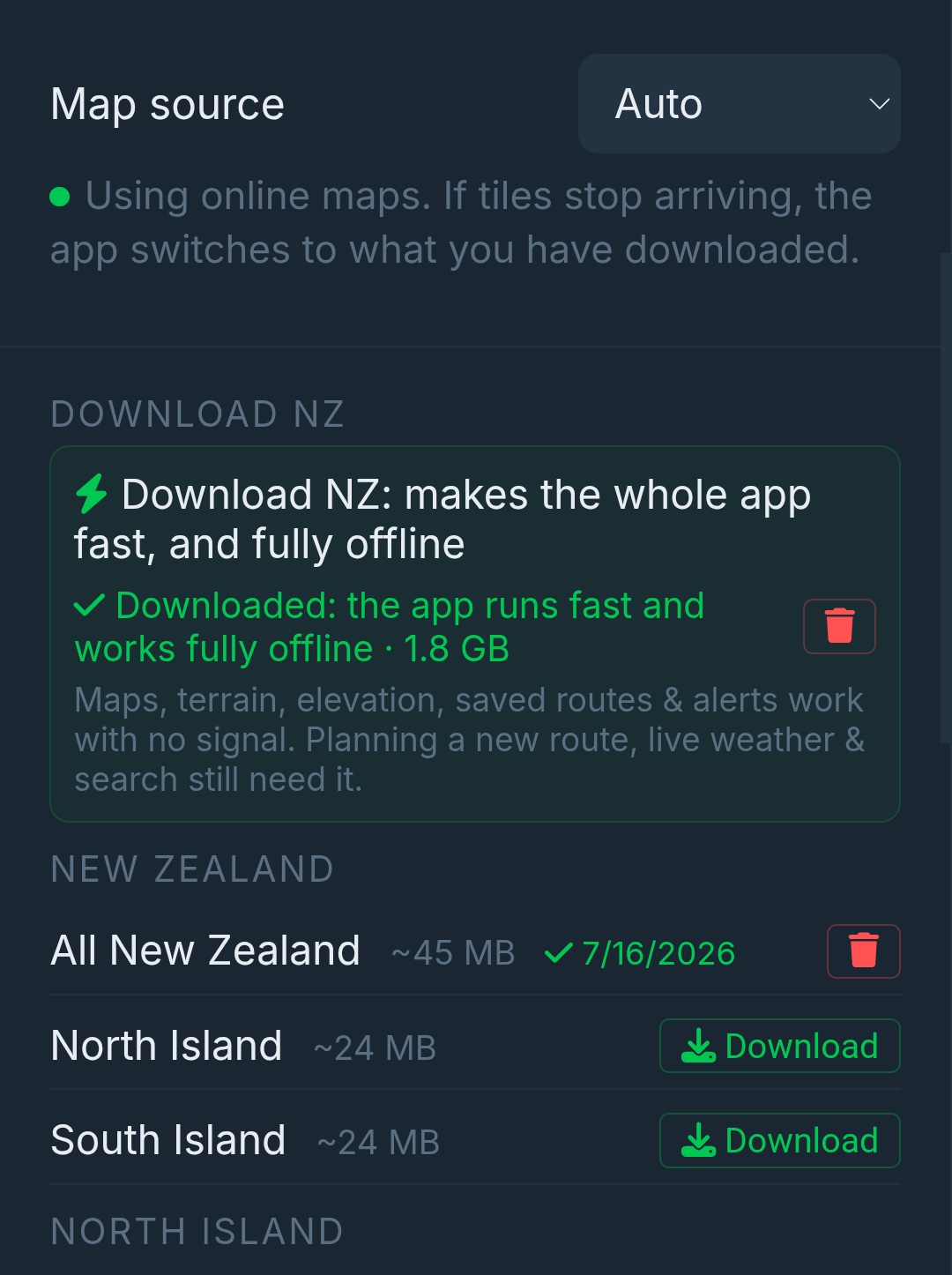The Offline tab on a phone: 'Use offline maps' switched on, and 'Downloaded, the app runs fast and works fully offline · 1.8 GB', covering maps, terrain, elevation, saved routes and alerts.