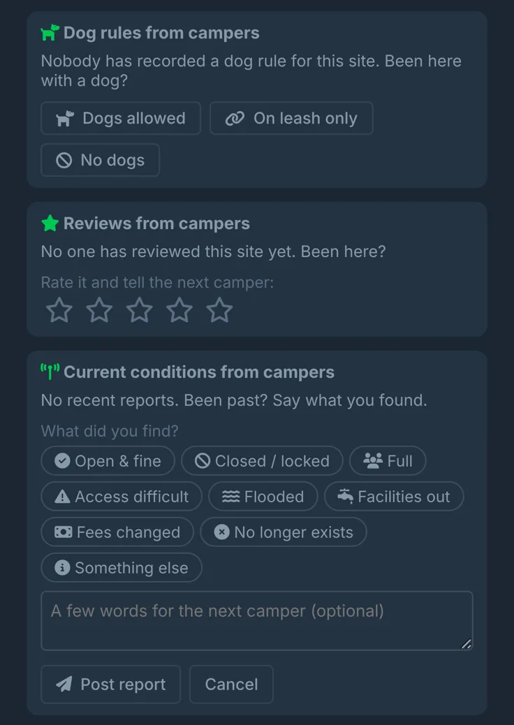 The campsite panel's review section: camper-reported dog rules with three answer buttons, a five-star review prompt, and a current-conditions report form with tags like Closed, Full, Flooded and Fees changed.