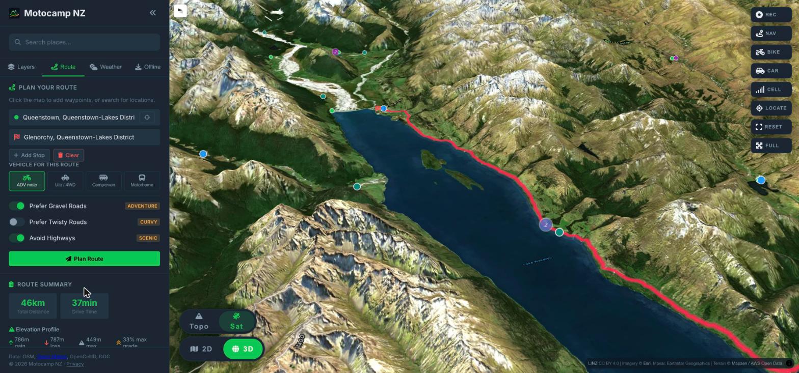 A planned route from Queenstown to Glenorchy drawn along Lake Wakatipu in 3D satellite view, with the route summary showing 46km, 37 minutes and an elevation profile.