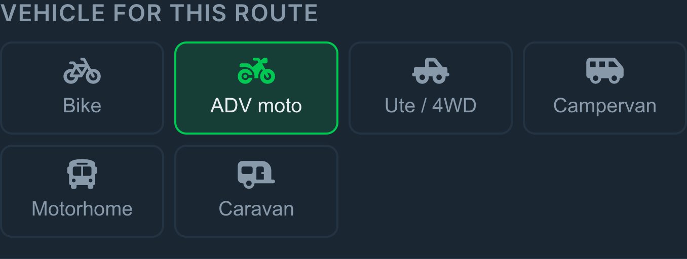 The Vehicle for this route panel in the app, with six options: Bike, ADV moto, Ute / 4WD, Campervan, Motorhome and Caravan. ADV moto is selected.
